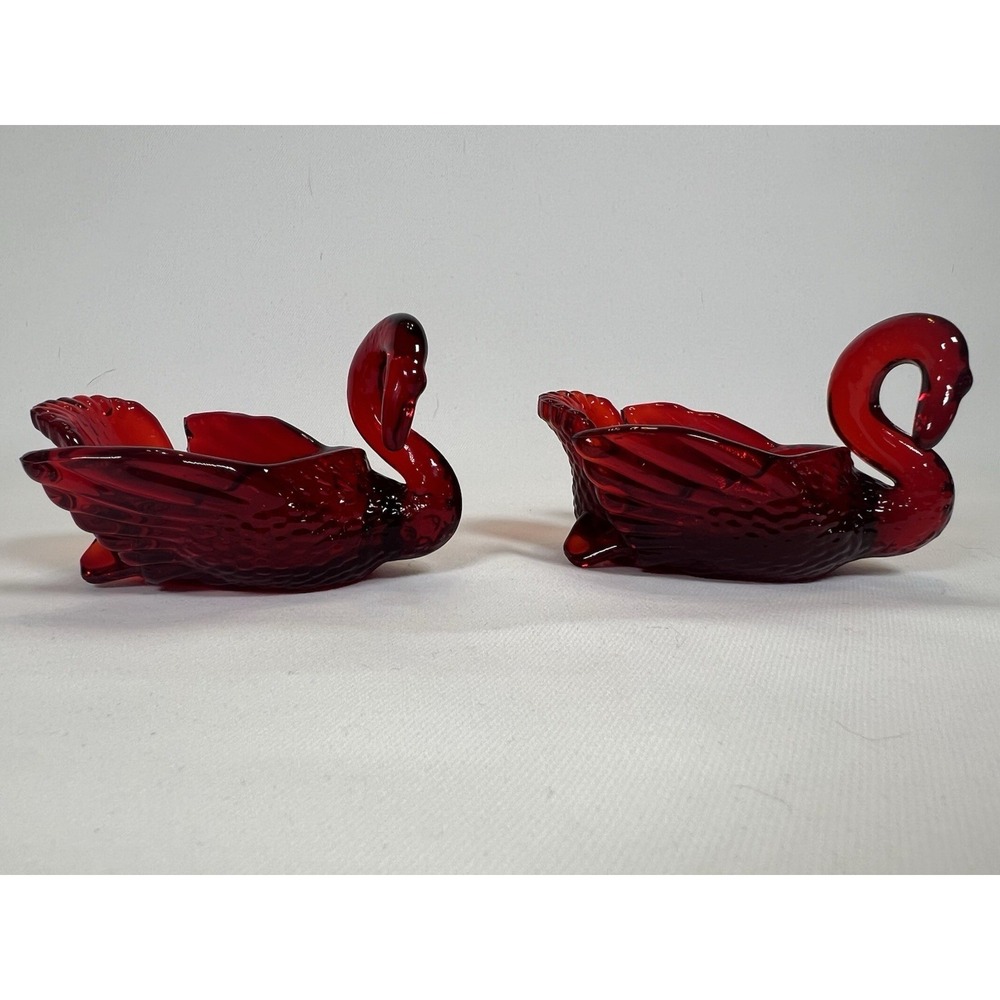 Cambridge Red Glass Set Of 2 Swans Salt Dish 3.5" Ruby Vintage